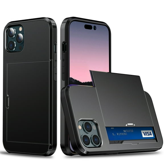 For iPhone 14 Pro Case Wallet with Slide Card Holder Slot Slim Dual Layer Heavy Duty Shockproof Hard PC Hybrid TPU Phone Case Flip Protective Cover for iPhone 14 Pro - 6.1", Black