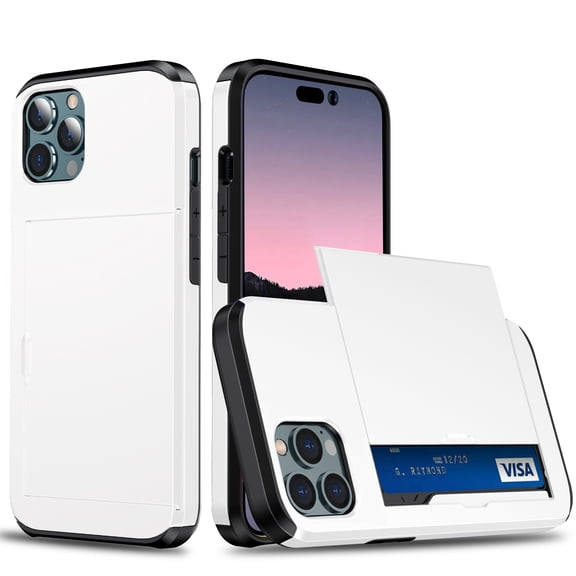 For iPhone 14 Pro Case Wallet with Slide Card Holder Slot Slim Dual Layer Heavy Duty Shockproof Hard PC Hybrid TPU Phone Case Flip Protective Cover for iPhone 14 Pro - 6.1", White