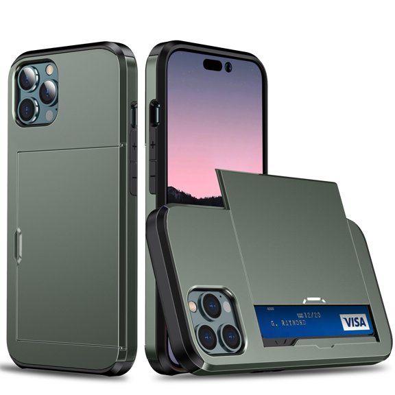 For iPhone 14 Pro Case Wallet with Slide Card Holder Slot Slim Dual Layer Heavy Duty Shockproof Hard PC Hybrid TPU Phone Case Flip Protective Cover for iPhone 14 Pro - 6.1", Armygreen