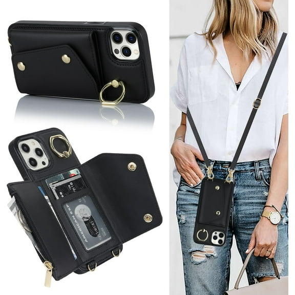 for iPhone 14 Pro Case Wallet with Strap for Women,Crossbody Lanyard and Wristlet Strap,Zipper Pocket,Credit Card Holder,Ring Stand,RFID Blocking Phone Wallet Cases(6.1 inch,Black)