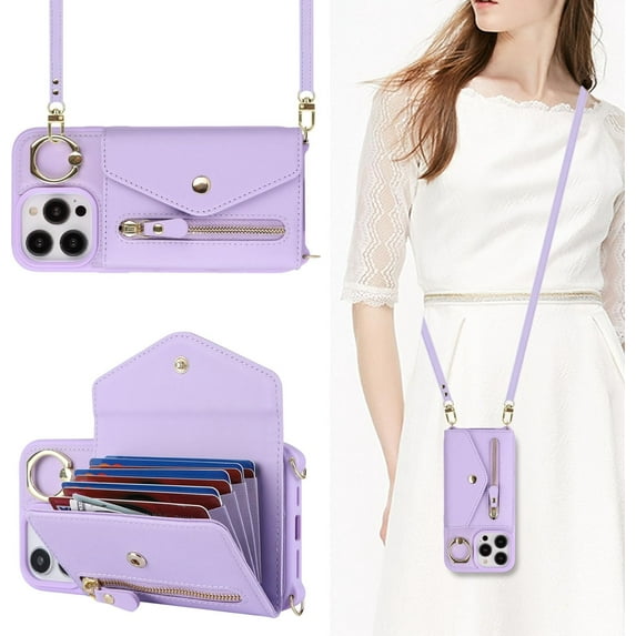for iPhone 14 Pro Case Wallet with Strap for Women - Crossbody Lanyard, Zipper Pocket, Credit Card Holder, Ring Stand - RFID Blocking Phone Wallet Case for iPhone 14 Pro (6.1 inch,Purple)