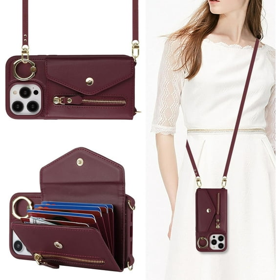 for iPhone 14 Pro Case Wallet with Strap for Women - Crossbody Lanyard,Zipper Pocket,Credit Card Holder,Ring Stand - RFID Blocking Phone Wallet Case for iPhone 14 Pro(6.1 inch,Wine Red)
