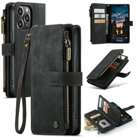 for iPhone 14 Pro Case Wallet for Women and Men, iPhone 14 Pro Case, PU Leather Magnetic Flip Strap Wristlet Zipper Card Holder Wallet Business Phone Cover for iPhone 14 Pro, Black