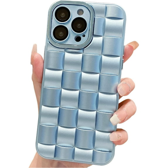 for iPhone 14 Pro Case for Women Men, Fashion 3D Woven Pattern Bump Feel, with Full Camera Protection Back Cover, Grid Phone Case for iPhone 14 Pro (6.1") - Light Blue
