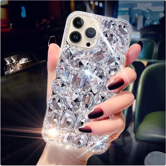 for iPhone 14 Pro Case for Women,Shiny Luxury Bling Phone Case with 3D Glitter Sparkle Crystal Rhinestone Diamond Gems on Hard Reflective PC Back,Soft TPU Bumper Cover Girly Girls(Silver)