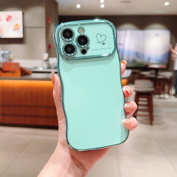 For iPhone 14 Pro Case,for Women Girls Soft Cute Wave Frame Curly Shape Love Heart Luxury Plating Phone Case,Luxury Slim Plating EdgeCase,Anti-slip Grip,Full camera lens protection,Green