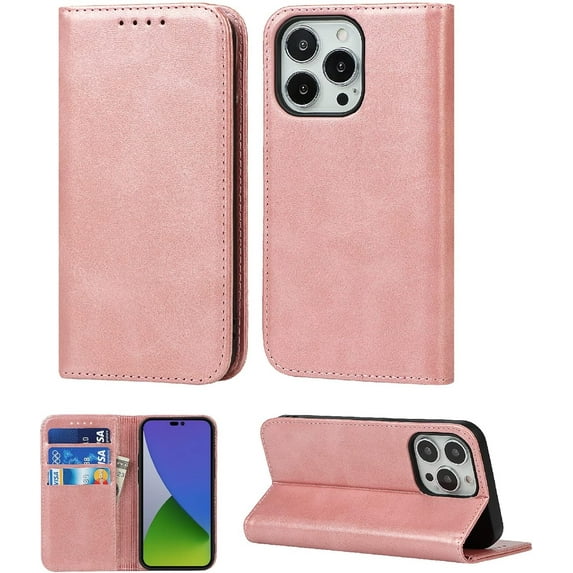 for iPhone 14 Pro Case,iPhone 14 Pro Wallet Folio Phone Case with Card Holder 6.1 Inch,Premium PU Leather Magnetic Full Protection Shockproof Phone Case for Women & Men 5G 2022 -Rose Gold