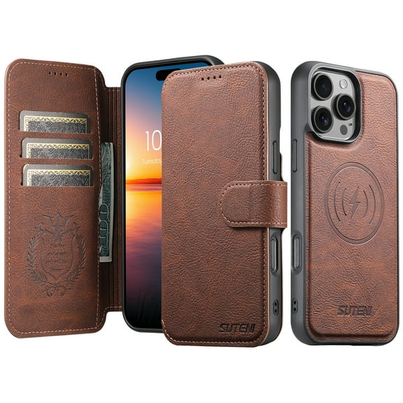 for iPhone 14 Pro, Classic PU Leather Magnetic Detachable Wallet Case with Card Holder and Stand Feature, Drop Protection Magnetic Clasp Rugged Cover, Compatible with MagSafe, Brown