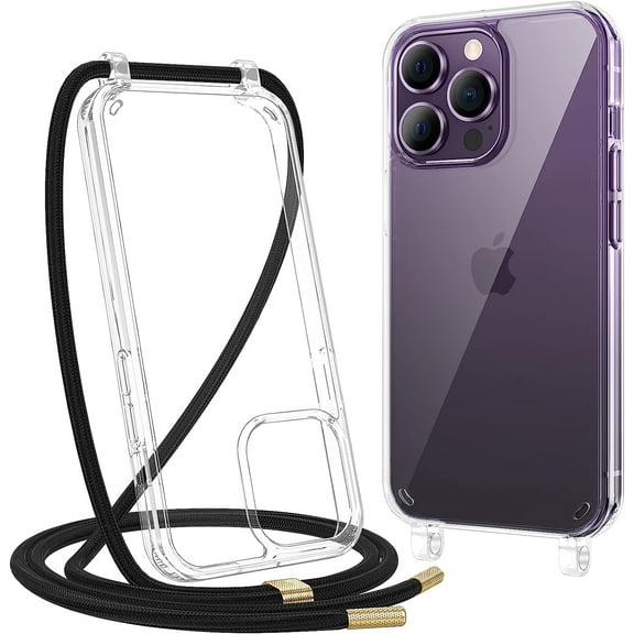 For iPhone 14 Pro Clear Case, iPhone 14 Pro Case with Strap Crossbody Adjustable Neck Lanyard Clear Case Protective Phone Cover for iPhone 14 Pro-Clear