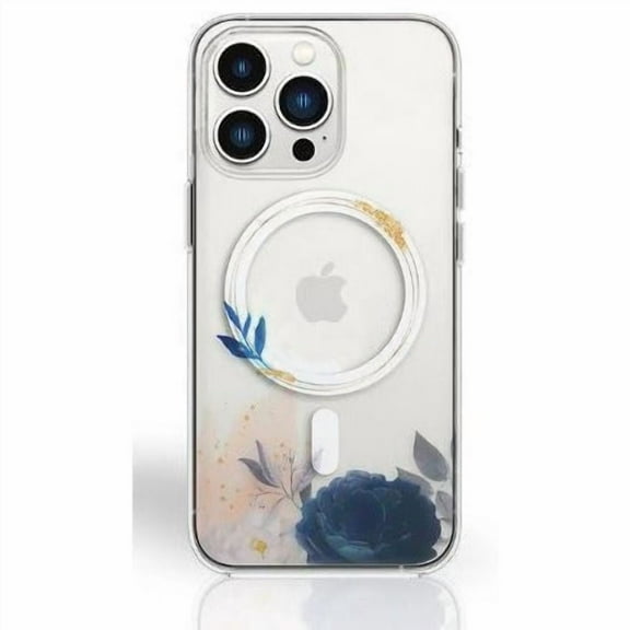 iPhone 14 Pro Clear Magnetic Case Compatible with Magsafe, Flower Design for Women, Slim Thin fit Shockproof Protective Phone Case for iPhone 14 Pro 6.1 inch , Blue