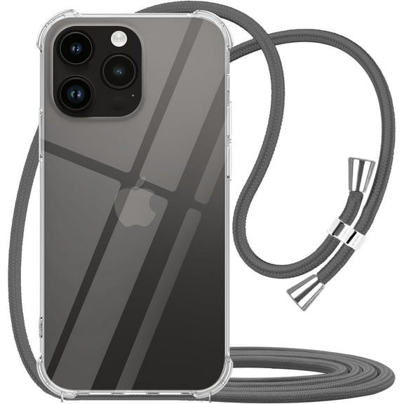 iPhone 14 Pro Clear TPU Case, Adjustable Neck Strap, Shockproof Protective Phone Cover - Gray