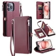 thumbnail image 1 of For iPhone 14 Pro Crossbody/Shoulder Strap Case Wallet Card Holder RFID Blocking Magnetic Closure PU Leather Flip with Wrist Strap Zipper Credit Card Slots Shockproof Cover, Winered, 1 of 9
