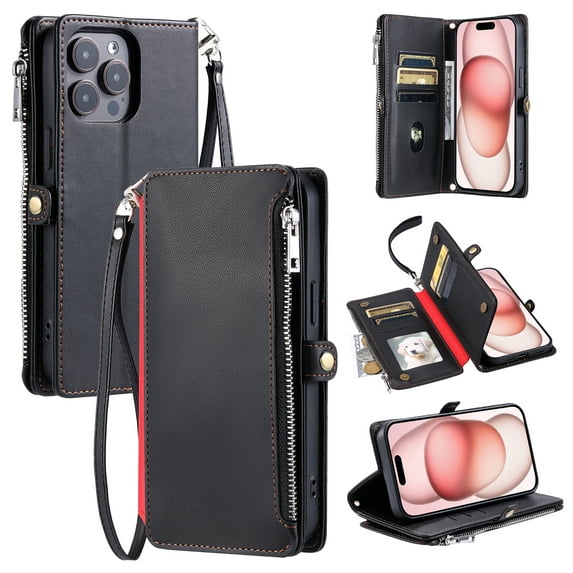 For iPhone 14 Pro Crossbody/Shoulder Strap Case Wallet Card Holder RFID Blocking Magnetic Closure PU Leather Flip with Wrist Strap Zipper Credit Card Slots Shockproof Cover, Black