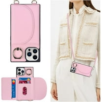 for iPhone 14 Pro Crossbody Wallet Case with Credit Card Holder,Lanyard Strap,360°Rotating Ring Kickstand,Flip PU Leather Girl's Phone Casas for Women Lady(Pink)