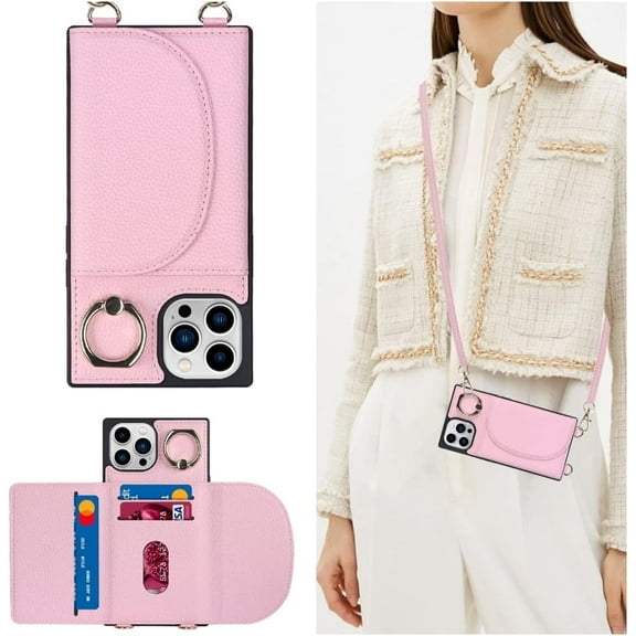 for iPhone 14 Pro Crossbody Wallet Case with Credit Card Holder,Lanyard Strap,360°Rotating Ring Kickstand,Flip PU Leather Girl's Phone Casas for Women Lady(Pink)