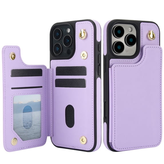 For iPhone 14 Pro Crossbody Wallet Phone Case,With Shoulder Strap,Card Slots,Back Double Magnetic Clasp PU Leather Flip Kickstand,Durable Shockproof Anti-fall Phone Case Cover,Purple