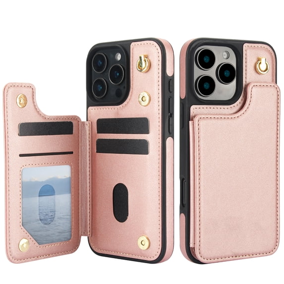 For iPhone 14 Pro Crossbody Wallet Phone Case,With Shoulder Strap,Card Slots,Back Double Magnetic Clasp PU Leather Flip Kickstand,Durable Shockproof Anti-fall Phone Case Cover,Rosegold