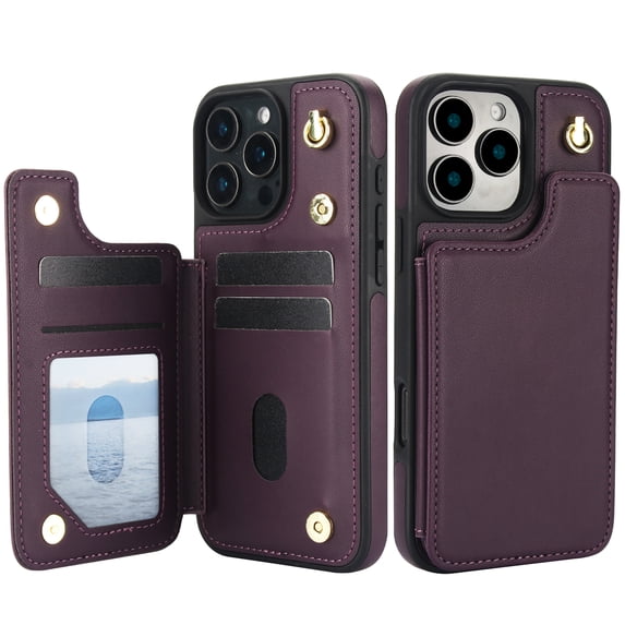 For iPhone 14 Pro Crossbody Wallet Phone Case,With Shoulder Strap,Card Slots,Back Double Magnetic Clasp PU Leather Flip Kickstand,Durable Shockproof Anti-fall Phone Case Cover,Darkpurple