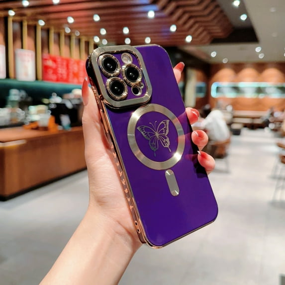for iPhone 14 Pro, Cute Butterflies Design for Women Girls,Luxury Plating Edge Bumper Full Camera Lens Protection Sliding edge Small Heart Patterned Case For iPhone 14 Pro, Purple