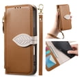 thumbnail image 1 of For iPhone 14 Pro Flip Wallet Phone Case,With Shoulder Strap&Wrist Strap,Flip Fold Kickstand,With Card Slots,Zipper Pocket,Leaf Magnetic Closure,Shockproof Anti-fall Phone Case,Brown, 1 of 13