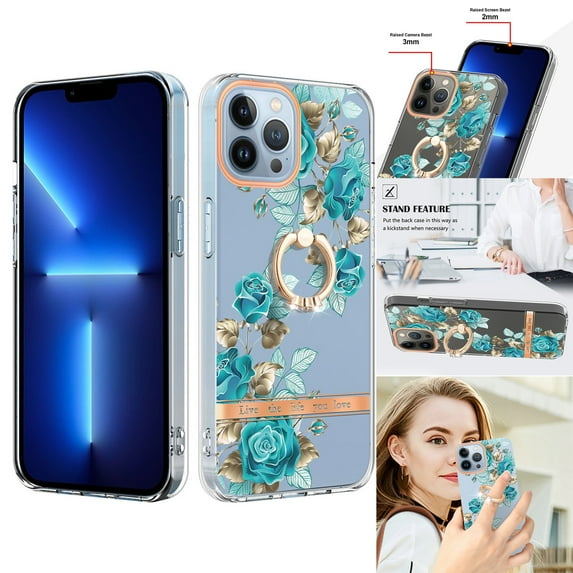 For iPhone 14 Pro Floral Case with Ring Holder Kickstand - Slim and Lightweight, Military-Grade Shockproof Protection, Women & Girls' Style Case Designed for iPhone 14 Pro, Green Flower