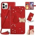 thumbnail image 1 of for iPhone 14 Pro Flower Pattern Wallet Case, with Wrist Hand Strap Crossbody Lanyard, Sparkle Rhinestone Butterfly Cover with Card Slots & Kickstand & Magnetic Clasp Case, Red, 1 of 11