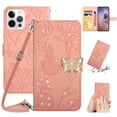thumbnail image 1 of for iPhone 14 Pro Flower Pattern Wallet Case, with Wrist Hand Strap Crossbody Lanyard, Sparkle Rhinestone Butterfly Cover with Card Slots & Kickstand & Magnetic Clasp Case, Pink, 1 of 11