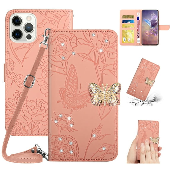 for iPhone 14 Pro Flower Pattern Wallet Case, with Wrist Hand Strap Crossbody Lanyard, Sparkle Rhinestone Butterfly Cover with Card Slots & Kickstand & Magnetic Clasp Case, Pink
