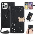 thumbnail image 1 of for iPhone 14 Pro Flower Pattern Wallet Case, with Wrist Hand Strap Crossbody Lanyard, Sparkle Rhinestone Butterfly Cover with Card Slots & Kickstand & Magnetic Clasp Case, Black, 1 of 11