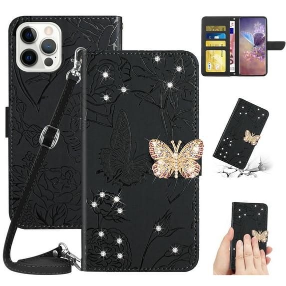 for iPhone 14 Pro Flower Pattern Wallet Case, with Wrist Hand Strap Crossbody Lanyard, Sparkle Rhinestone Butterfly Cover with Card Slots & Kickstand & Magnetic Clasp Case, Black