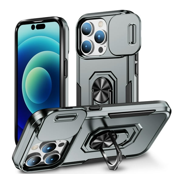 for iPhone 14 Pro Hard Case, with Camera Cover & Kickstand Holder, Built-in 360°Rotate Ring Stand Anti-scratch Drop Protection Magnetic Phone Case for Apple iPhone 14 Pro - Gray