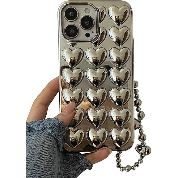 iPhone 14 Pro Heart Case, Fashion Bling Glitter Silver Cute Soft Silicone Tin Foil Case with Heart Strap Bracelet Chain Women Girls Case for iPhone 14 Pro