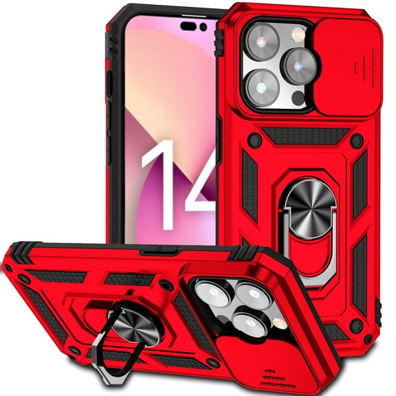 iPhone 14 Pro Kickstand Armor Case with Slide Camera Lens Protection Cover Built-in 360° Rotate Ring Holder Stand Magnetic Military Shockproof Phone Cover Case for iPhone 14 Pro,
Red