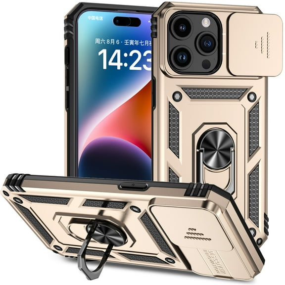 iPhone 13 Pro Kickstand Armor Case with Slide Camera Lens Protection Cover Built-in 360° Rotate Ring Holder Stand Magnetic Military Shockproof Phone Cover Case for iPhone 13 Pro,
Gold