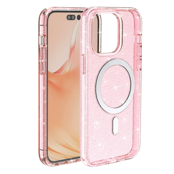 for iPhone 14 Pro Magnetic Case [Compatible with Magsafe], Clear Glitter Full Body Protective Cover Slim TPU Transparent Shockproof Bling Phone Case for iPhone 14 Pro 6.1", Pink