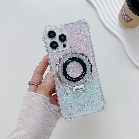 for iPhone 14 Pro Magnetic Case, Sparkly Glitter Bling Ring Holder Kickstand Function Bumper Compatible with MagSafe Clear Frame Phone Cover for Women Men for iPhone 14 Pro - Pink+Green