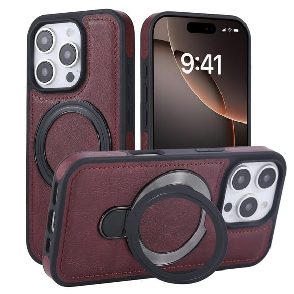 for iPhone 14 Pro Magnetic Case with Stand & Ring Holder, Compatible with Mag-Safe Slim PU Leather Durable TPU Drop Proof Kickstand Protective Phone Cover for iPhone 14 Pro, Winered