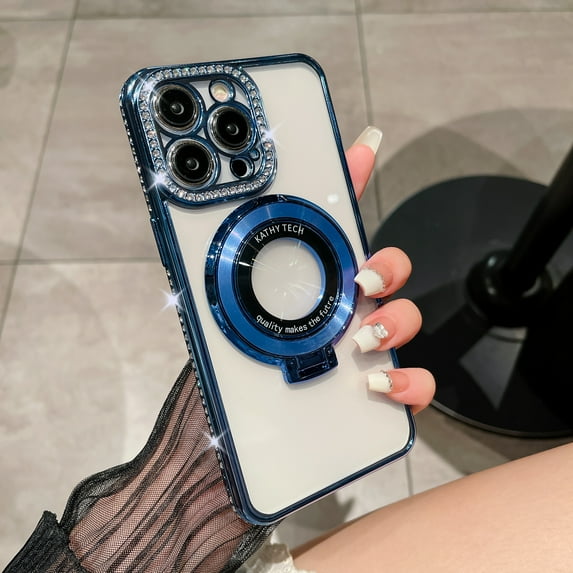 for iPhone 14 Pro Magnetic Glitter Case with Ring Holder Stand, Luxury Bling Rhinestone Clear Phone Case, Compatible with MagSafe and Camera Lens Protection Cover for Women Girls, Blue