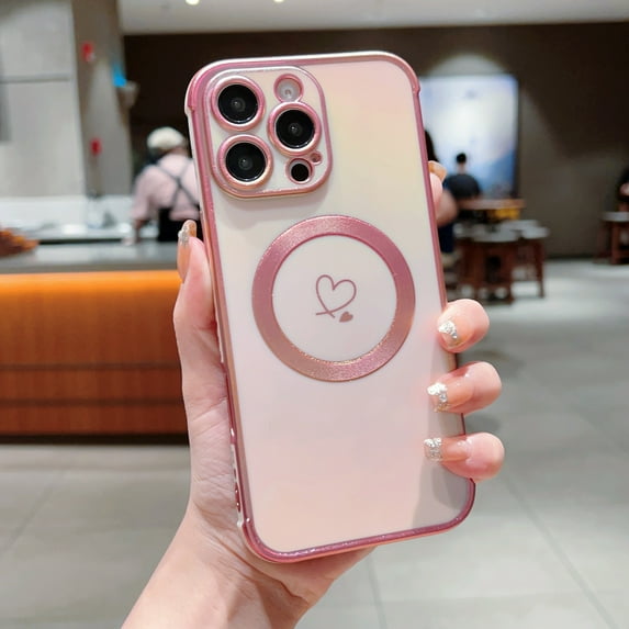 For iPhone 14 Pro Magnetic Phone Case,Compatible with Mag-Safe,Electroplated Double Hearts Design,Bling Glitter Dazzling Shockproof Anti-fall Ultra Slim Soft TPU Phone Case Cover,Pink