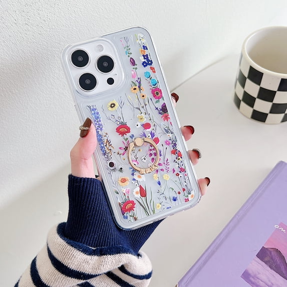 for iPhone 14 Pro Max with 360° Rotating Ring Kickstand, Luxury Floral Clear Pattern Soft & Flexible TPU Protective Shockproof Cover Women Girls Phone Case for iPhone 14 Pro Max, Flower #1