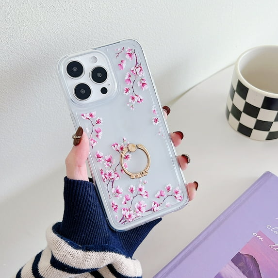 for iPhone 14 Pro Max with 360° Rotating Ring Kickstand, Luxury Floral Clear Pattern Soft & Flexible TPU Protective Shockproof Cover Women Girls Phone Case for iPhone 14 Pro Max, Flower #3