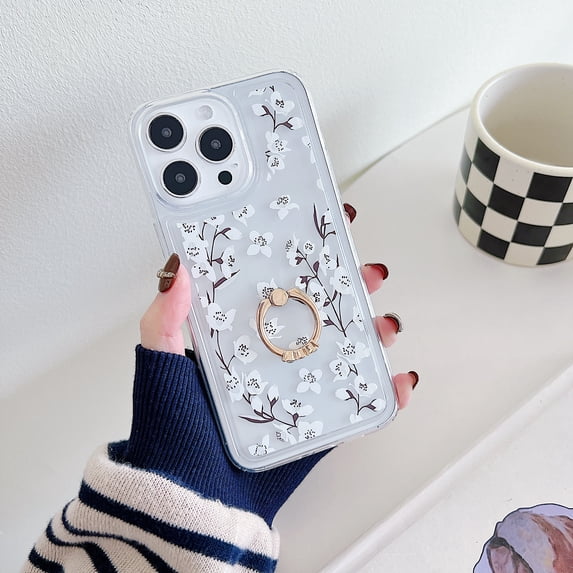 for iPhone 14 Pro Max with 360° Rotating Ring Kickstand, Luxury Floral Clear Pattern Soft & Flexible TPU Protective Shockproof Cover Women Girls Phone Case for iPhone 14 Pro Max, Flower #4