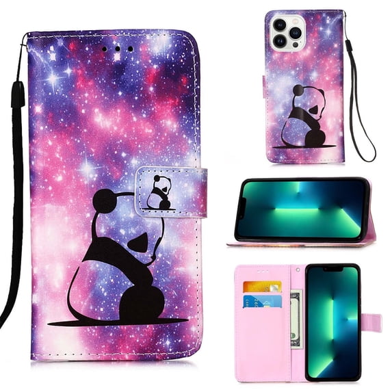 iPhone 14 Pro Max 6.7" 2022 Flip Wallet Case, PU Leather Case with Card Slot Kickstand & Wrist Strap Durable Shockproof Protective Case iPhone 14 Pro Max Women Men, Panda