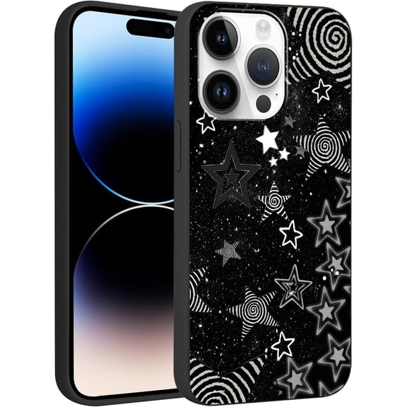 for iPhone 14 Pro Max 6.7'' Cute Cool Black Star Phone Case, Aesthetic Trendy Y2K Stars Silicone Matte Pattern Design Phone Cover Soft Slim Frame TPU Protective Shockproof Case for Women Girl
