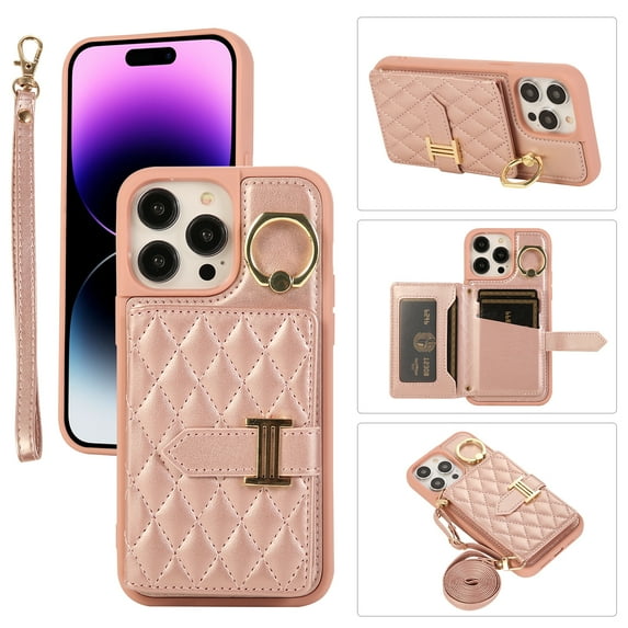 for iPhone 14 Pro Max 6.7" Detachable Shoulder Strap Wallet Case, with Card Slots & 360-degree Rotation Stand Ring Flip Premium PU Leather Protective Cover Lanyard for Women Girls, Rosegold