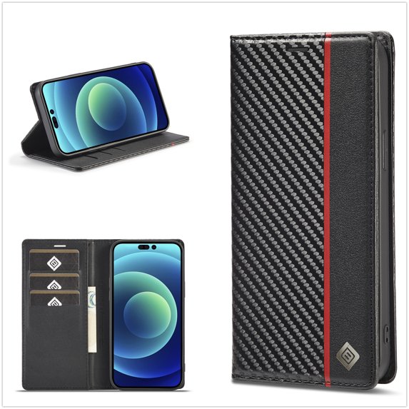 For iPhone 14 Pro Max 6.7 inch Carbon Fiber Flip Wallet Case with Card Slots Kickstand Function Magnetic Closure Shockproof Protective Folio Leather Case For iPhone 14 Pro Max,Black
