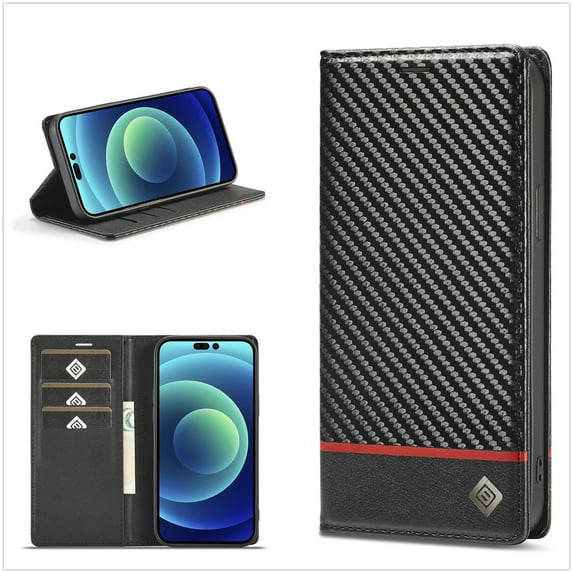 For iPhone 14 Pro Max 6.7 inch Carbon Fiber Flip Wallet Case with Card Slots Kickstand Function Magnetic Closure Shockproof Protective Folio Leather Case For iPhone 14 Pro Max,A