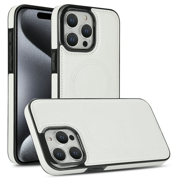 for iPhone 14 Pro Max Back Case, Litchi Texture PU Leather Phone Cover with TPU Frame Ultra-Stylish Magsafe Compatible and Shockproof Drop Protection Case Cover for iPhone 14 Pro Max,White