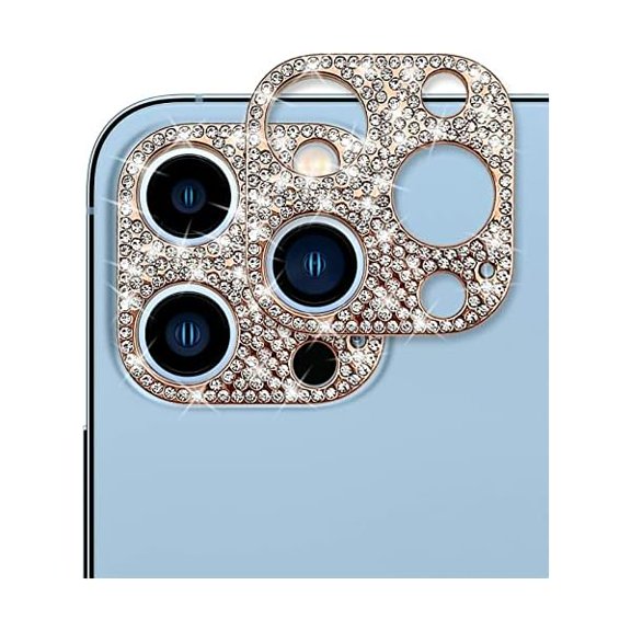 for iPhone 14 Pro Max Bling Camera Lens Cover Protector, 3D Glitter Crystal Diamond Rhinestone Anti-Scratch Shining Dots Metal Protective Decoration Sticker Protector Film Rose Gold (2 Pack)