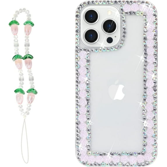 for iPhone 14 Pro Max Bling Case with Strap, Luxury Glitter Rhinestone Diamond Crystal Sparkle Rose Flower Floral Bracelets Soft Bumper Protective Case Cover for Women Girls Pink